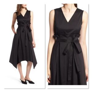 Halogen Sleeveless Poplin Tie Waist Midi Dress size Large in Black